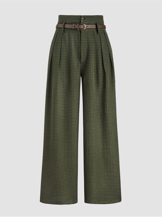 Cider Pants - Cider NWT Wide-Leg High-Waist Belted Houndstooth Trousers in Olive Green